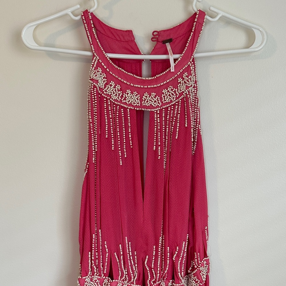 Free People Pink and Cream Beaded Halter Dress with Cutout - Picture 5 of 8